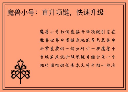 魔兽小号：直升项链，快速升级